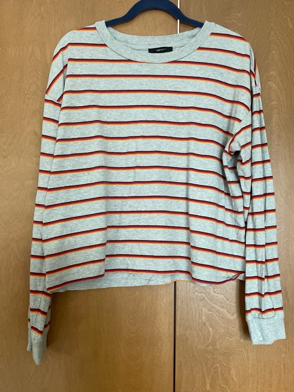 Forever 21 Light Gray Long-Sleeve Tee with Red & Orange Stripes